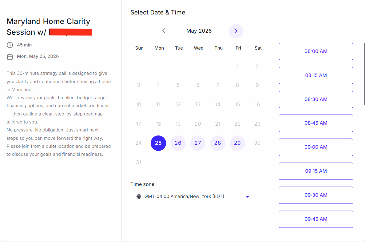Booking calendar showing available appointment times